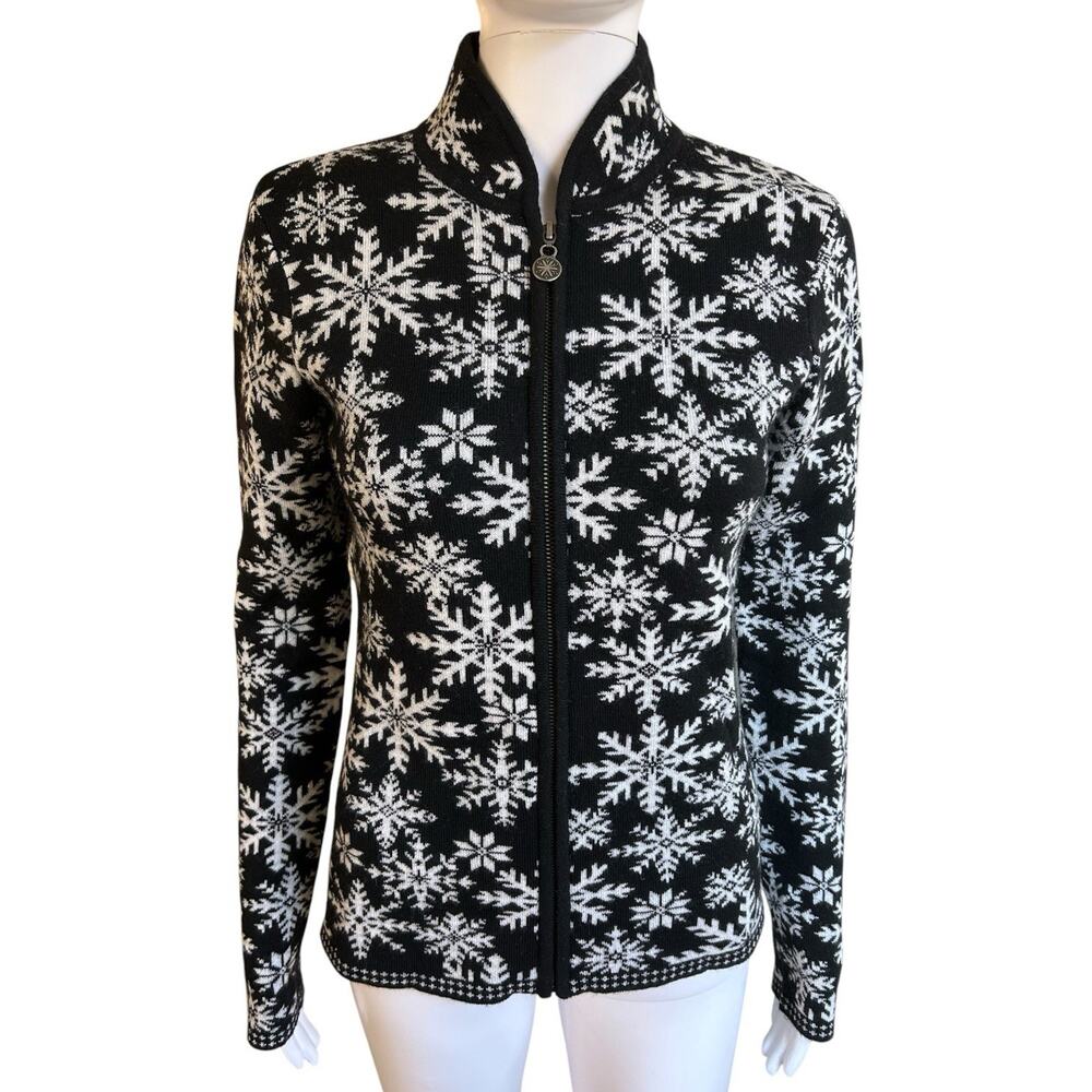 Neve Womens S 100% Wool Snowflake Full Zip Ski Sweater Black Silver Fair Isle
